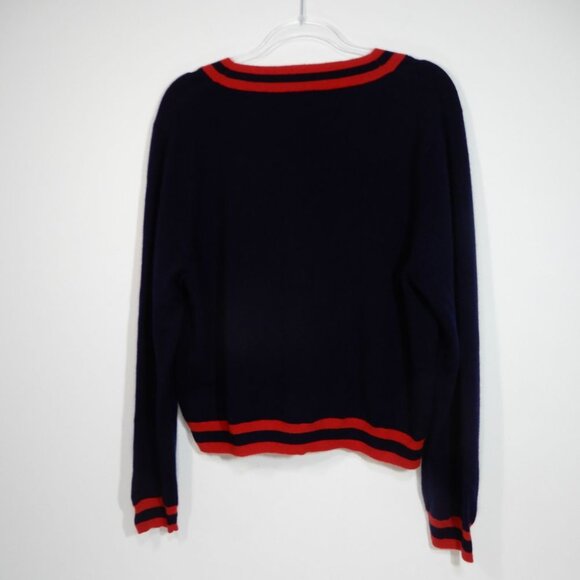 AQUA 100% Cashmere Stripe Trim Novelty Button Cardigan Sweater XXL Navy Red NEW - Picture 9 of 11